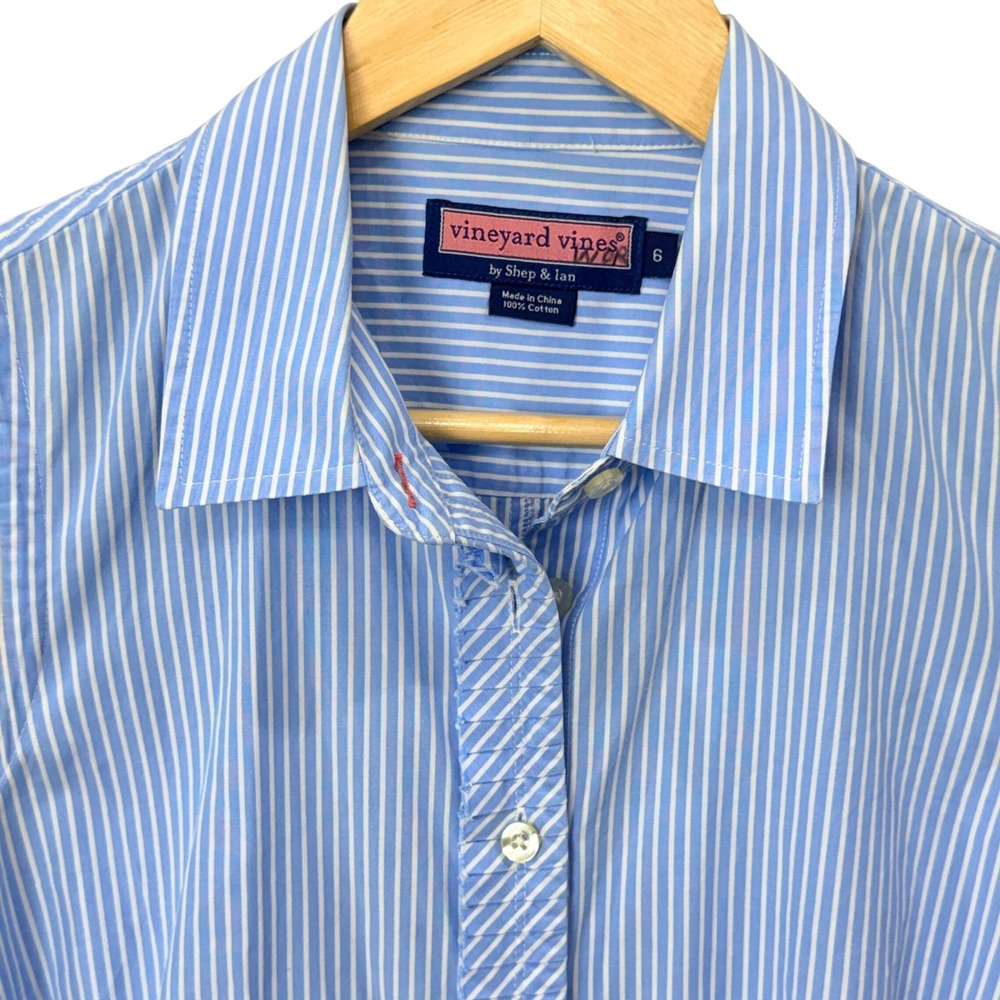 Vineyard Vines Women 6 Sleeveless Button Shirt Blue White Striped Ruffle Coastal